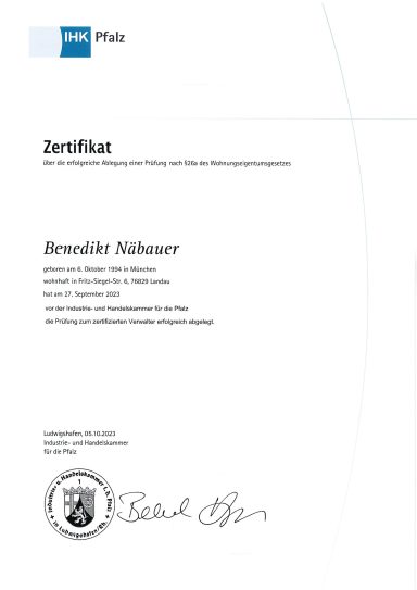IHK Zertifikat Benedikt Näbauer